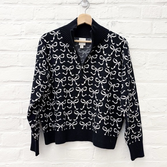 Anthropologie Sweaters - Anthropologie || Maeve The Montana Mock-Neck Half-Zip Sweater Bows Black XS